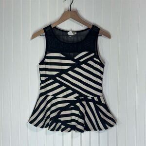 Ambiance Black White Stripe Peplum Top XL Mesh Panel Sleeveless Geometric USA